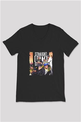 N.W.A Baskılı Unisex Siyah V Yaka Tişört