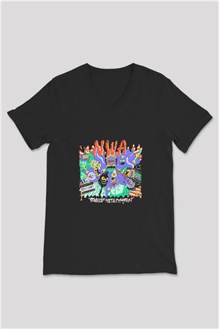 N.W.A Baskılı Unisex Siyah V Yaka Tişört