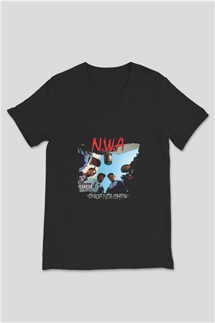 N.W.A Baskılı Unisex Siyah V Yaka Tişört
