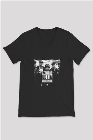 N.W.A Baskılı Unisex Siyah V Yaka Tişört