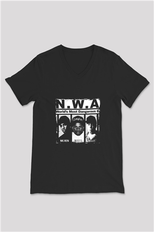 N.W.A Baskılı Unisex Siyah V Yaka Tişört