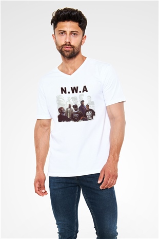 N.W.A Beyaz Unisex V Yaka Tişört