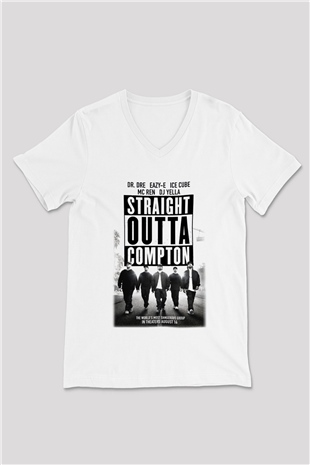 N.W.A Beyaz Unisex V Yaka Tişört T-Shirt