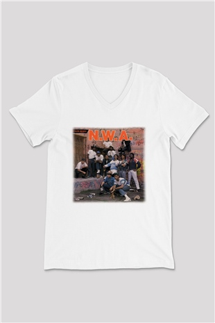 N.W.A Beyaz Unisex V Yaka Tişört T-Shirt