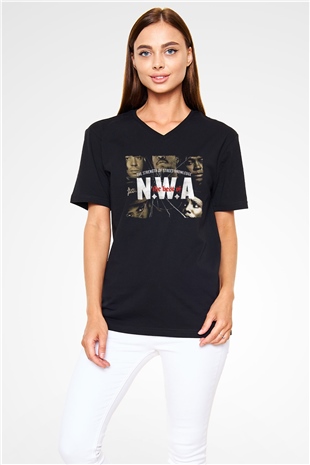 N.W.A Siyah Unisex V Yaka Tişört