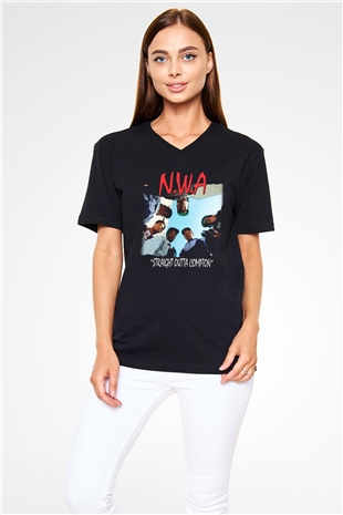 N.W.A Siyah Unisex V Yaka Tişört T-Shirt
