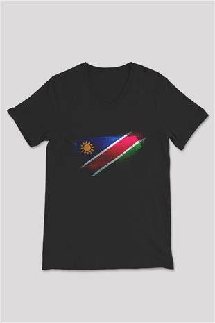 Namibya - Namibia Bayrağı Baskılı Unisex Siyah V Yaka Tişört