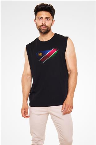Namibya - Namibia Bayrağı Baskılı Unisex Siyah Kolsuz Tişört