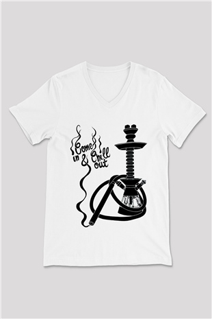 Nargile Beyaz Unisex V Yaka Tişört T-Shirt