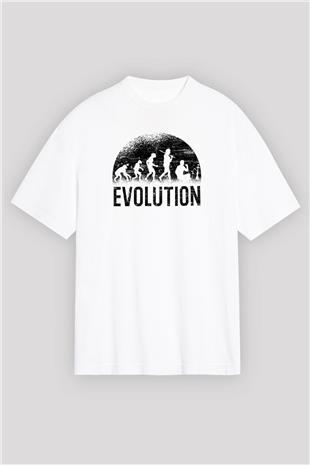 Nargile Evrimi Baskılı Unisex Oversize Beyaz Tişört - Tshirt