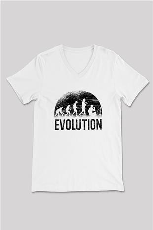 Nargile Evrimi Baskılı Unisex V Yaka Beyaz Tişört - Tshirt