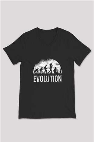 Nargile Evrimi Baskılı Unisex V Yaka Siyah Tİşört - Tshirt