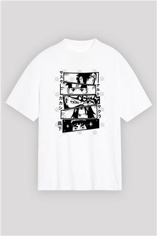 Naruto Baskılı Beyaz Unisex Oversize Tişört - Tshirt