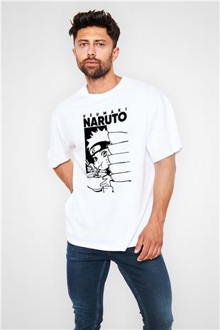 Naruto Baskılı Beyaz Unisex Oversize Tişört - Tshirt