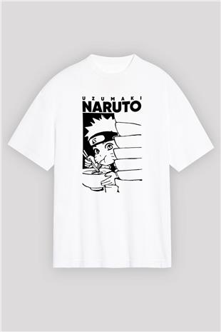 Naruto Baskılı Beyaz Unisex Oversize Tişört - Tshirt