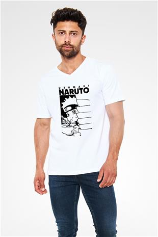 Naruto Baskılı Beyaz Unisex V Yaka Tişört - Tshirt