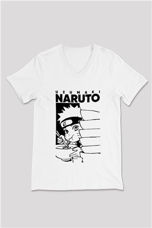 Naruto Baskılı Beyaz Unisex V Yaka Tişört - Tshirt