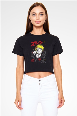 Naruto Baskılı Siyah Crop Top Kadın Tişört - Tshirt