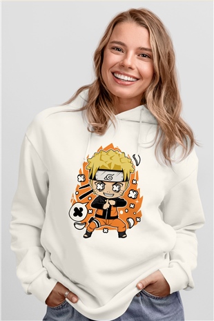 Naruto Baskılı Unisex Beyaz Hoodie