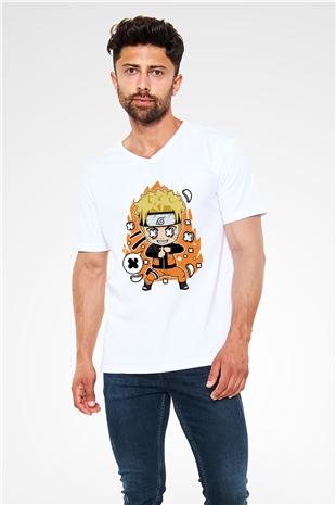 Naruto Baskılı Unisex Beyaz V Yaka Tişört
