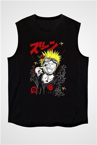 Naruto Baskılı Unisex Siyah Kolsuz Tişört - Tshirt