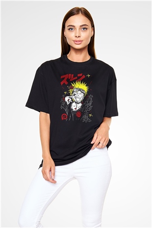 Naruto Baskılı Unisex Siyah Oversize Tişört - Tshirt
