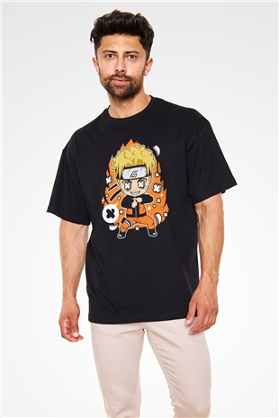 Naruto Baskılı Unisex Siyah Oversize Tişört