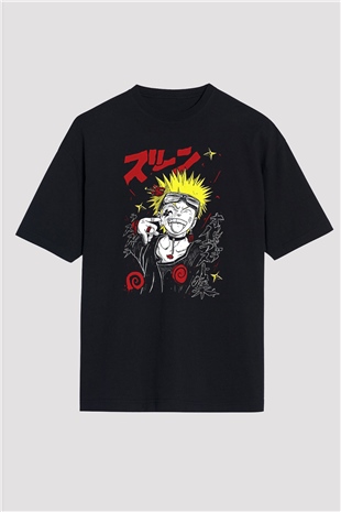 Naruto Baskılı Unisex Siyah Oversize Tişört - Tshirt