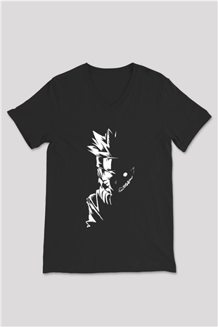 Naruto Baskılı Unisex Siyah V Yaka Tişört - Tshirt