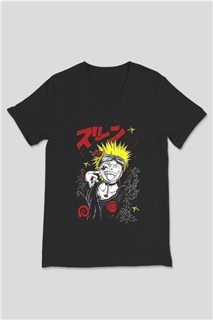 Naruto Baskılı Unisex Siyah V Yaka Tişört - Tshirt