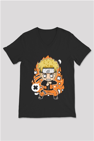 Naruto Baskılı Unisex Siyah V Yaka Tişört