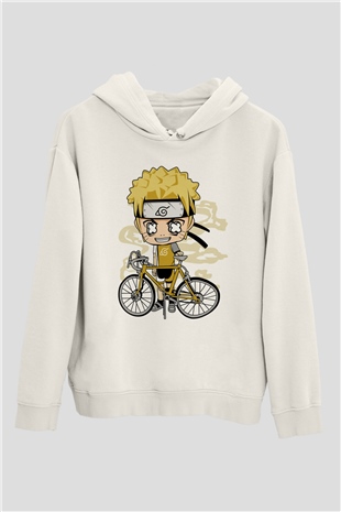 Naruto Bicycle Baskılı Beyaz Unisex Hoodie