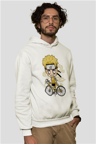 Naruto Bicycle Baskılı Beyaz Unisex Hoodie