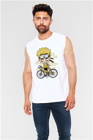 Naruto Bicycle Baskılı Beyaz Unisex Kolsuz Tişört