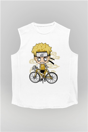 Naruto Bicycle Baskılı Beyaz Unisex Kolsuz Tişört