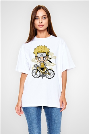 Naruto Bicycle Baskılı Beyaz Unisex Oversize Tişört