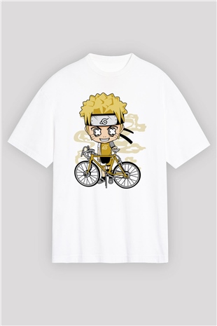 Naruto Bicycle Baskılı Beyaz Unisex Oversize Tişört