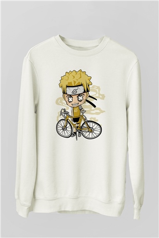 Naruto Bicycle Baskılı Beyaz Unisex Sweatshirt