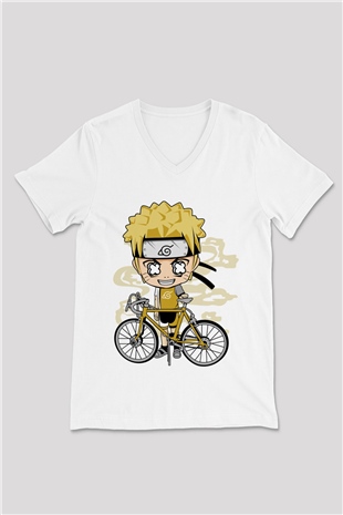 Naruto Bicycle Baskılı Beyaz Unisex V Yaka Tişört