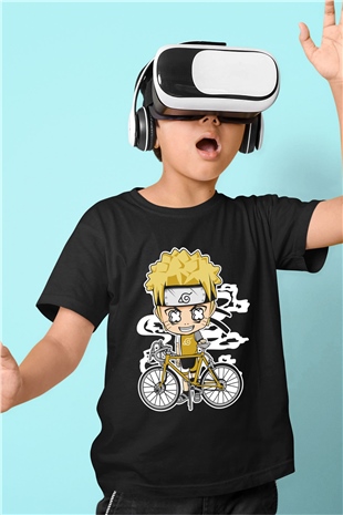 Naruto Bicycle Baskılı Siyah Çocuk Unisex Tshirt