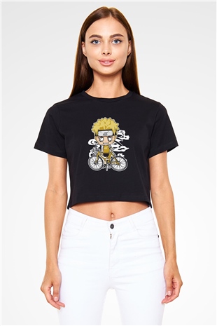 Naruto Bicycle Baskılı Siyah Kadın Crop Top Tişört