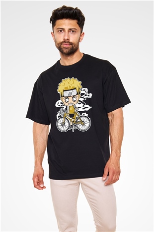 Naruto Bicycle Baskılı Siyah Unisex Oversize Tişört