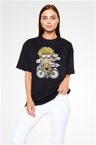 Naruto Bicycle Baskılı Siyah Unisex Oversize Tişört