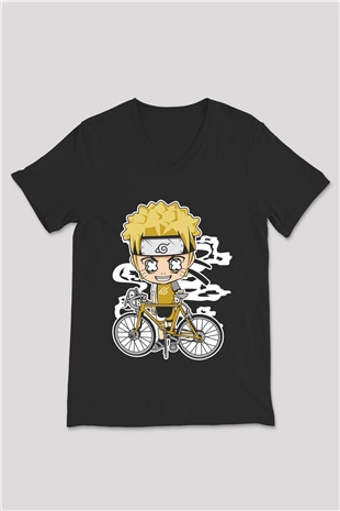 Naruto Bicycle Baskılı Siyah Unisex V Yaka Tişört