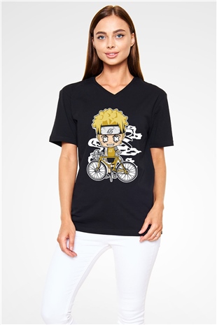 Naruto Bicycle Baskılı Siyah Unisex V Yaka Tişört