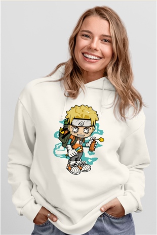 Naruto Bomber Baskılı Unisex Beyaz Hoodie