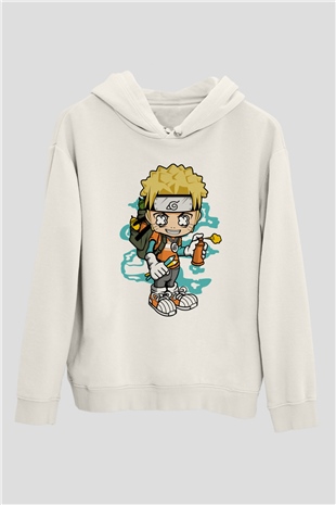 Naruto Bomber Baskılı Unisex Beyaz Hoodie
