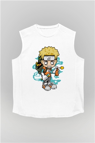Naruto Bomber Baskılı Unisex Beyaz Kolsuz Tişört