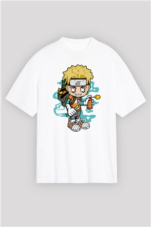Naruto Bomber Baskılı Unisex Beyaz Oversize Tişört