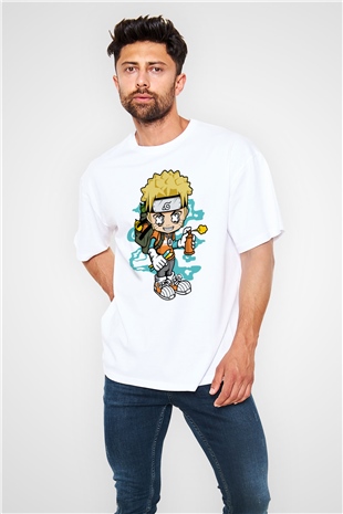 Naruto Bomber Baskılı Unisex Beyaz Oversize Tişört